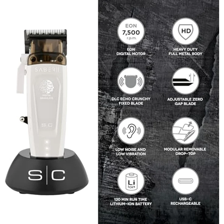 Stylecraft Saber 2.0 Professioneller Clippert, Herren-Haarschneider mit bürstenlosem EON-Motor, verstellbarer Klinge, 120 Minuten kabellose Laufzeit, Metallgehäuse, USB-Kabel Typ C (weiß) – Bild 2