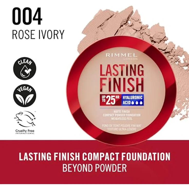 Rimmel London Lasting Finish 004 Rose Ivory Compact Foundation mit Soft-Focus, mattem Finish und vollständiger Abdeckung, SPF20, vegane Formel, 7 g – Bild 2