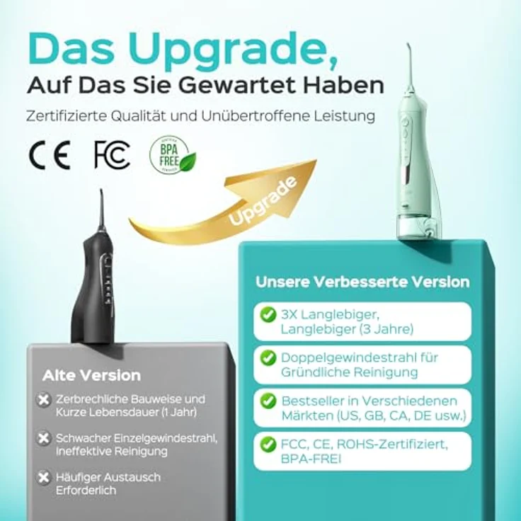 COSLUS C20 (F5020E) Munddusche, kabellos, 300ml Wassertank, IPX7 wasserdicht, 5 Multifunktionale Jet-Tipps, 30 Tage Akkulaufzeit, für tägliche Tiefenreinigung – Bild 2