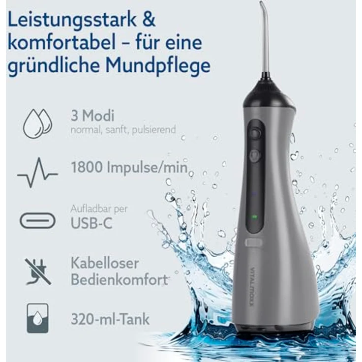 VITALmaxx Munddusche, elektrische Zahndusche mit 8 Aufsätzen und 320 ml Wassertank, kabellos mit Timer & 3 Modi zur effektiven Mundspülung, Water Flosser & Zungenreiniger in 1 – Bild 2