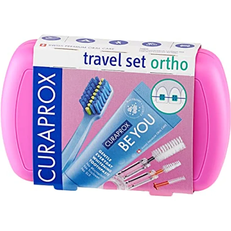 Curaprox Travel Set Ortho pink, travel toothbrush, interdental brush, toothpaste 10ml, travel box