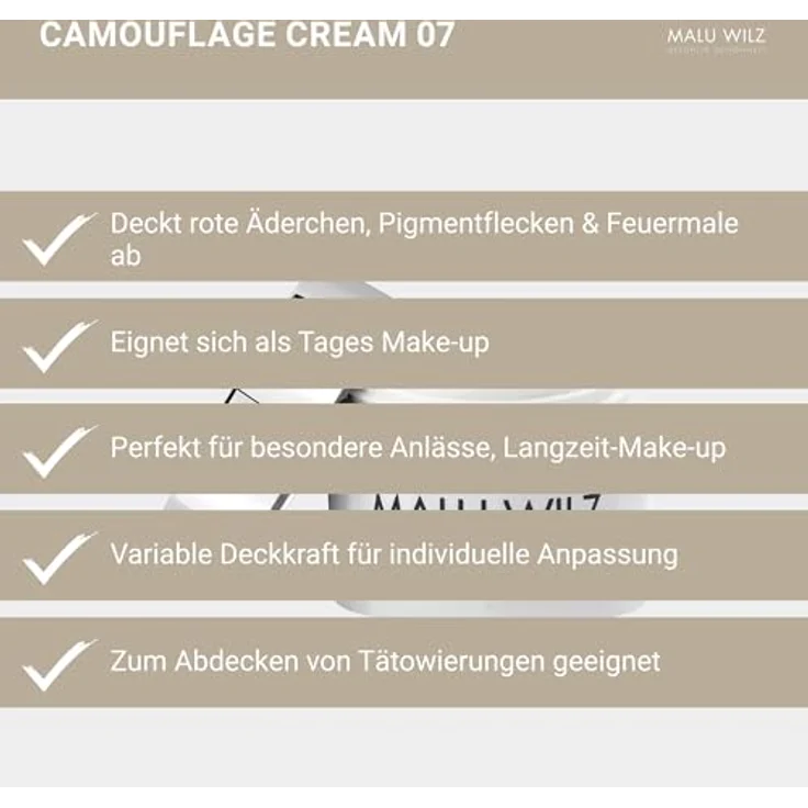 Malu Wilz Camouflage Cream Nr. 07 Ash Brown Breeze, wasserfester Concealer mit starker Deckkraft, 6g, für Hautanomalien und Tattooabdeckung – Bild 4