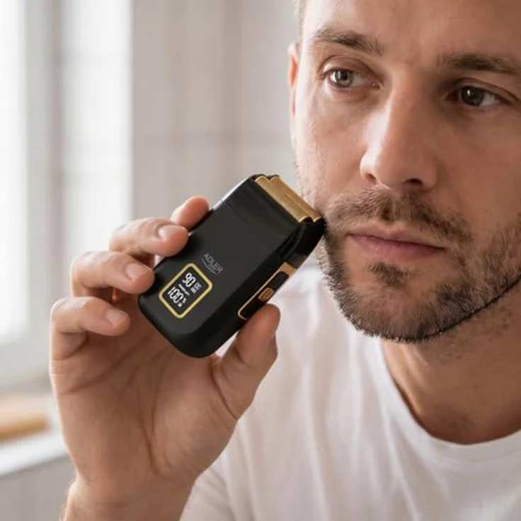 ADLER EUROPE Elektrorasierer AD 2947, Profi-Folienrasierer mit 3 Stufen, LCD-Display, USB-C, Dual-Doppelkopf, Gold/Schwarz, inkl. Reinigungsbürste und Klingenschutz – Bild 14