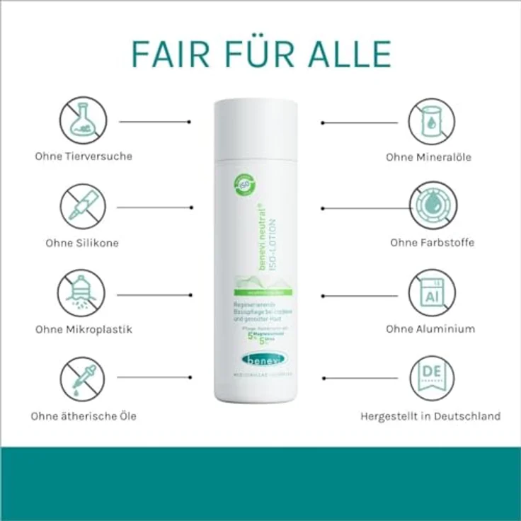 beneví neutral ISO-Lotion 200ml, Bodylotion für sehr trockene Haut mit 5% Urea und 5% Magnesium, wohltuender Schutzfilm, ohne Duftstoffe, Made in Germany – Bild 3