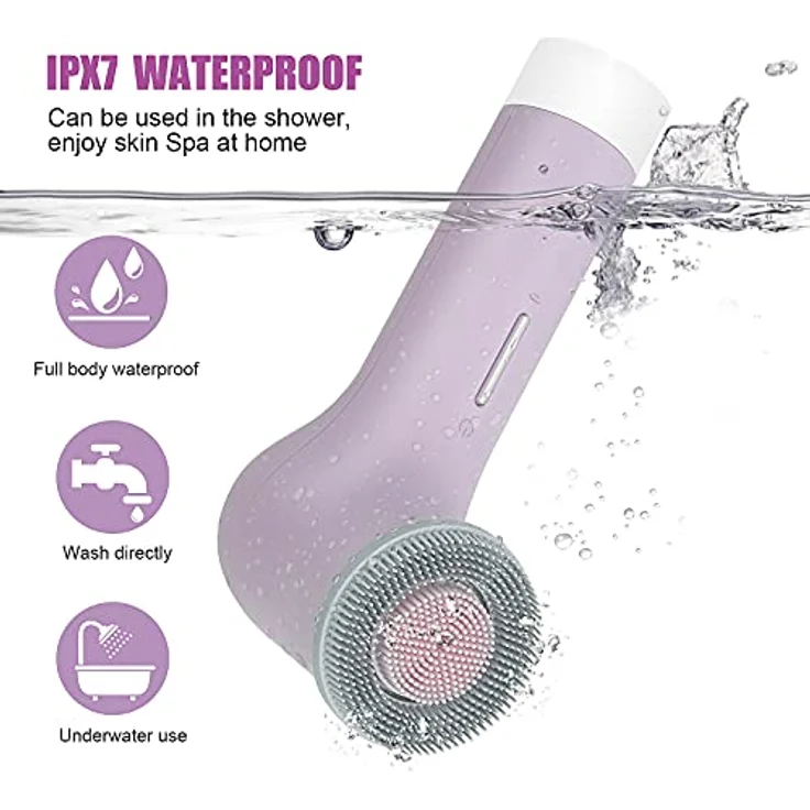 MYCARBON Elektrische Gesichtsreinigungsbürste, IPX7 wasserdicht, wiederaufladbar mit 2500mAh Akku, 2x360° Bürstenkopf für alle Hauttypen, Violett – Bild 4