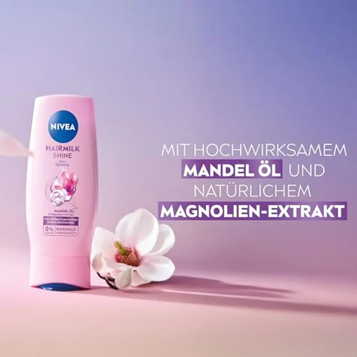 NIVEA Hairmilk Shine Glanz Spülung, 200 ml Conditioner für trockenes Haar mit Mandelöl und Magnolien-Extrakt, vegan und silikonfrei – Bild 2