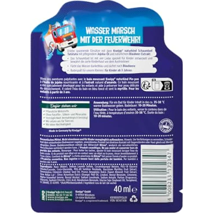 Kneipp Naturkind Schaumbad Tatütata, Badezusatz mit pflegendem Jojoba-Öl und natürlichem Blaubeer-Extrakt, fruchtiger Blaubeerduft, blaues Wasser, ab 3 Jahren, 40 ml – Bild 4