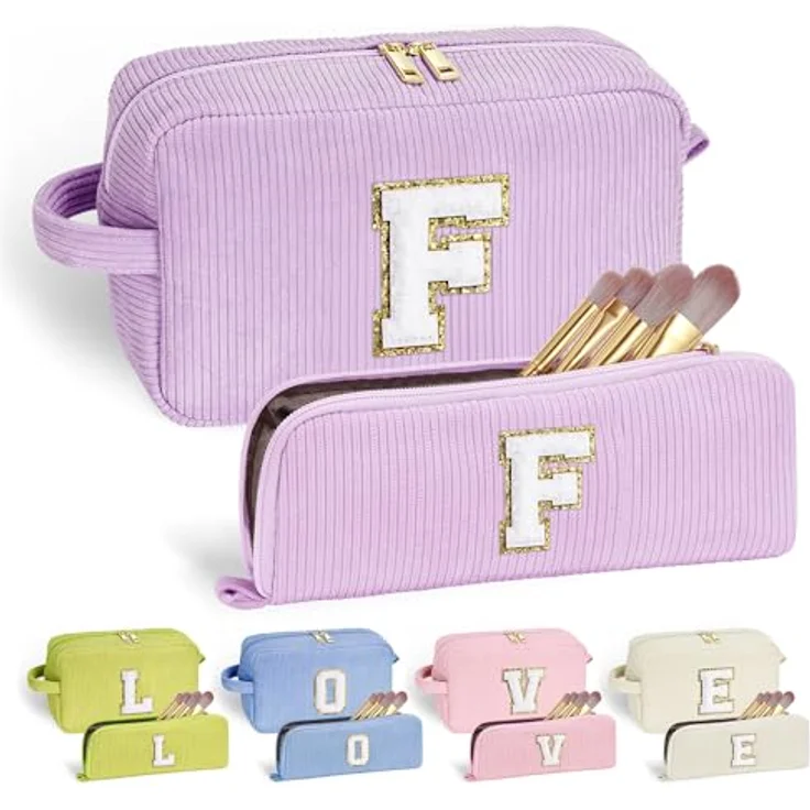 Parima Kosmetiktasche für Teenager Mädchen, 2-teiliges Cord Kulturbeutel-Set mit Buchstaben F, praktisch für Reisen und Alltag, große und kleine Kosmetikaufbewahrung, 25 x 15 x 9 cm und 22 x 9 cm – Bild 1