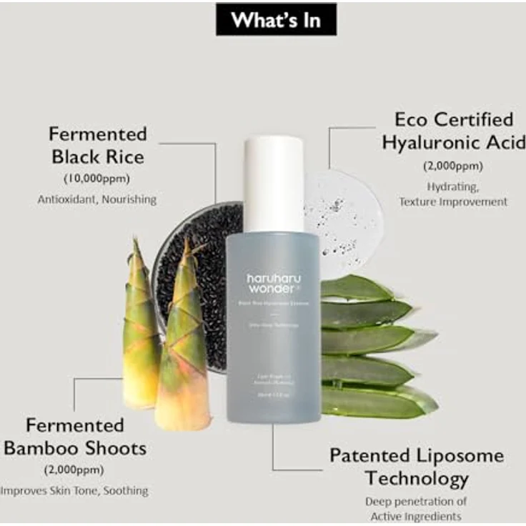 HARUHARU Wonder Black Reis Hyaluron Essence 1,6 fl oz (50 ml) Antioxidation und intensive Hydratation, Anti-Aging, Nahrung für straffe Haut, Panax Ginseng Liposome für saubere Haut – Bild 2