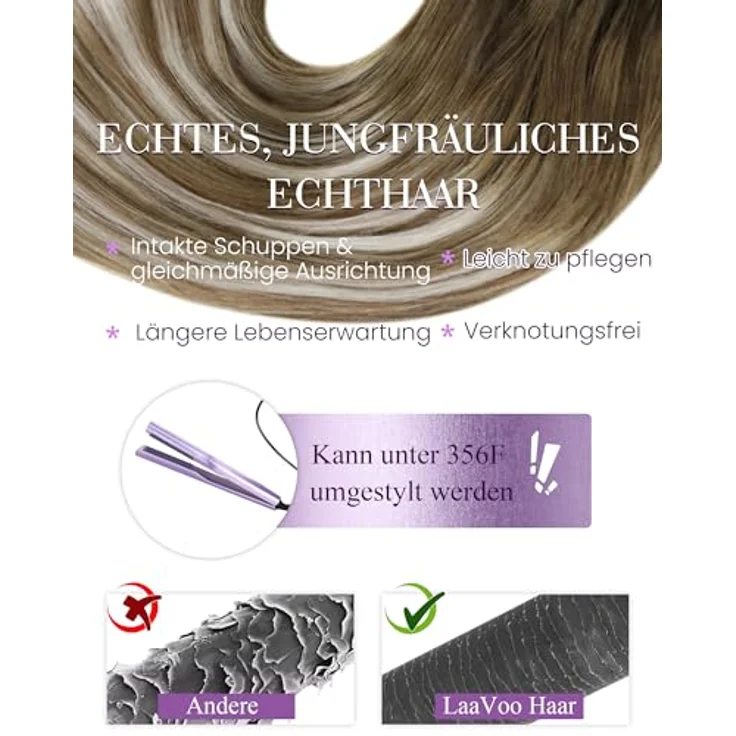 LaaVoo Microring Extensions Echthaar, Balayage Ombre Hellbraun bis Platinblond, 55cm 50g #8/60/8, wiederverwendbar und hitzestyling geeignet – Bild 4