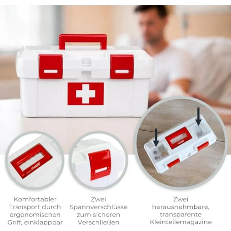 HMF Erste-Hilfe-Koffer, leerer Medizinbox zur Medikamenten Aufbewahrung, 37 x 20 x 18,5 cm, robust in Weiß-Rot mit herausnehmbaren Fächern – Bild 4