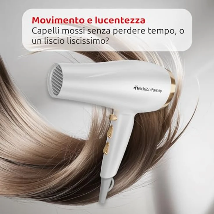 Melchioni GOLD STYLE NEW, Haartrockner 2200W mit Gleichstrommotor, 2 Geschwindigkeitsstufen, 3 Temperatureinstellungen und Kaltstufe, inkl. Konzentrator und Diffusor, Sicherheits-Autoschaltung – Bild 5