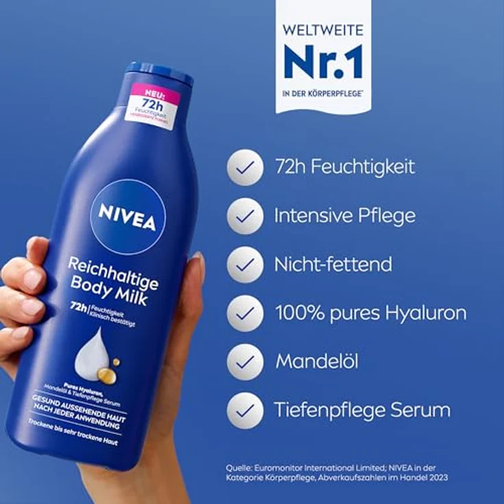 NIVEA Reichhaltige Body Milk, intensiv pflegende Körpercreme mit purem Hyaluron, Mandelöl und Tiefenpflege Serum, Lotion für trockene Haut (250 ml) – Bild 2