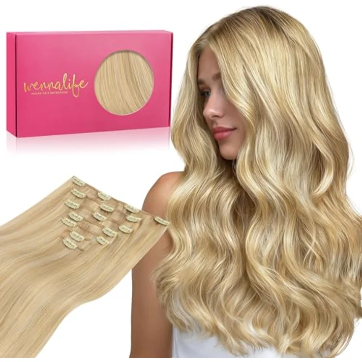 WENNALIFE Clip in Extensions Echthaar 55cm 120g 7pcs Hellblond Highlights Goldblond Remy Haarverlängerung mit diskreten Clips – Bild 1