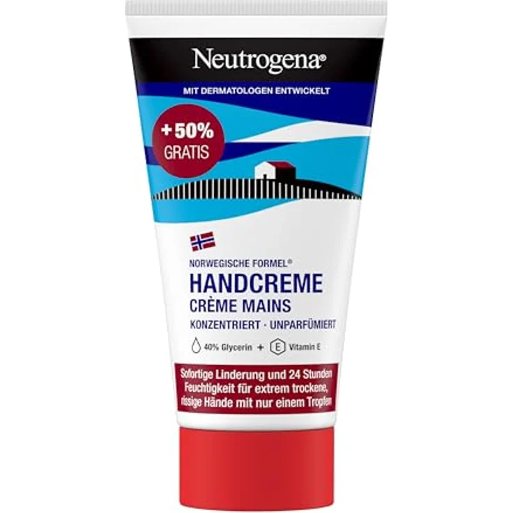 Neutrogena Handcreme konzentriert unparfümiert (75ml), beruhigende Feuchtigkeitscreme mit 40% Glycerin + Vitamin E bei extrem trockenen, rissigen Händen – Bild 1