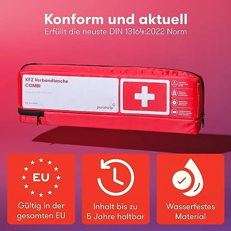 Purahelp KFZ-Verbandtasche Kombitasche, Erste-Hilfe-Set nach DIN 13164:2025 mit Warndreieck und Warnweste, europaweit gültig, sicher und übersichtlich verpackt – Bild 2