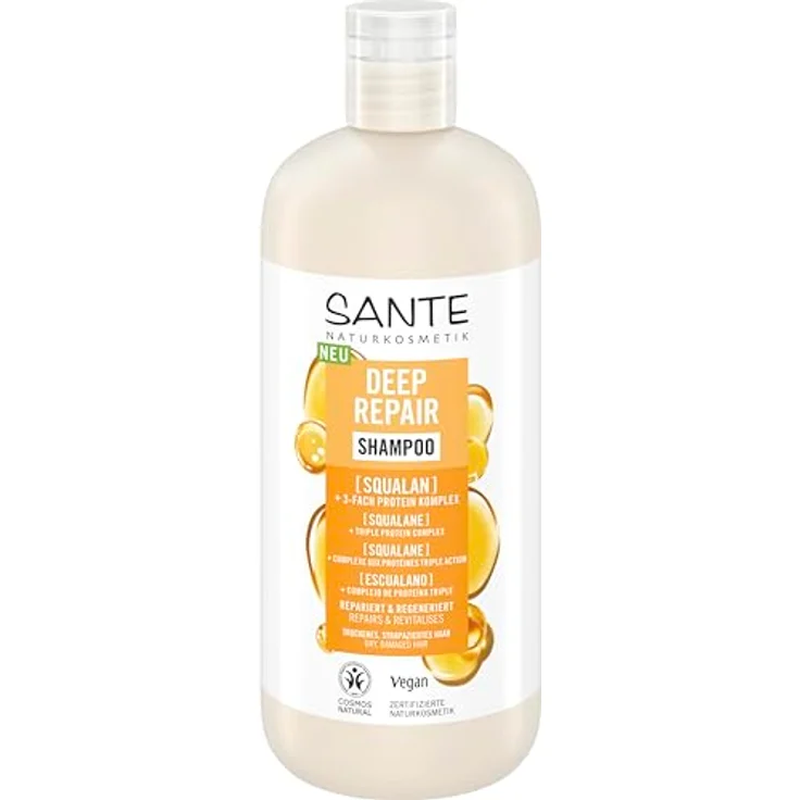SANTE Naturkosmetik Deep Repair Shampoo Squalan + 3-Fach Protein Komplex, veganes Pflegeshampoo für geschmeidiges und glänzendes Haar, 500 ml – Bild 1