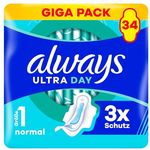 Always Ultra Day Damenbinden Normal (Größe 1) mit Flügeln, super saugfähig, ultra dünn, 34 Stück, LeakGuard- und OdourLock-Technologie, dermatologisch getestet