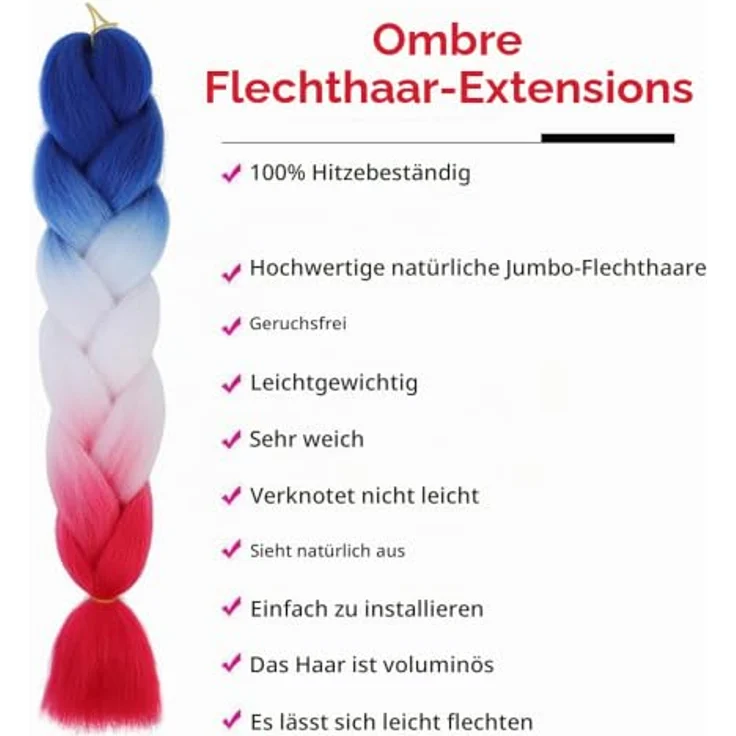 Shangxiu Braids Extensions Ombre, 24" blau-weiß-rot, hitzebeständige synthetische Haarverlängerungen, 300g комплект – Bild 3