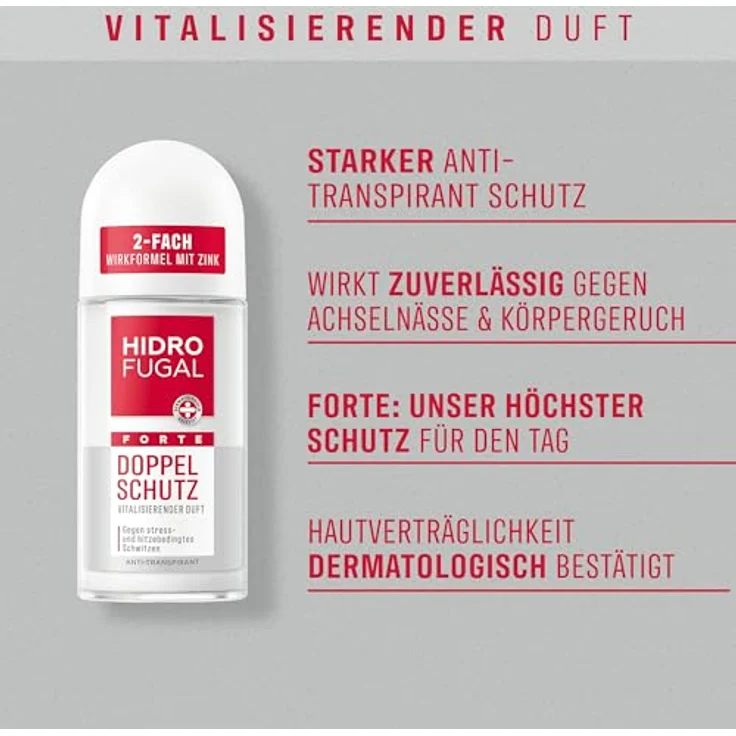 Hidrofugal FORTE DOPPEL SCHUTZ Roll-on, starker Antitranspirant Schutz gegen stress- und hitzebedingtes Schwitzen, Deo ohne Ethylalkohol mit vitalisierendem Duft, 50 ml – Bild 2