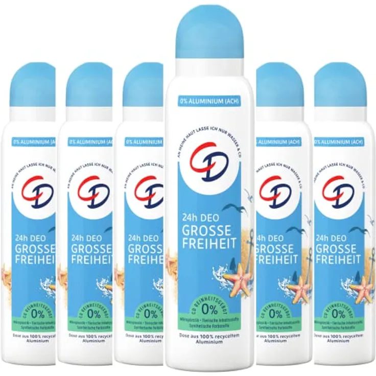 CD Deo Spray 'Große Freiheit', 6 x 150 ml, Deodorant ohne Aluminiumsalze, 24 h langanhaltender Schutz, für empfindliche Haut geeignet, vegane Körperpflege