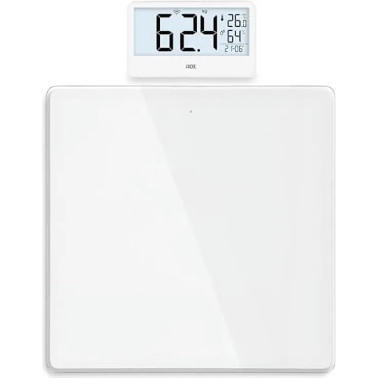 ADE Digitale Personenwaage Ronja, Funk-Display bis 180 kg, ablesbar auf Augenhöhe, mit Baduhr, Hygrometer und Innenthermometer, weiß