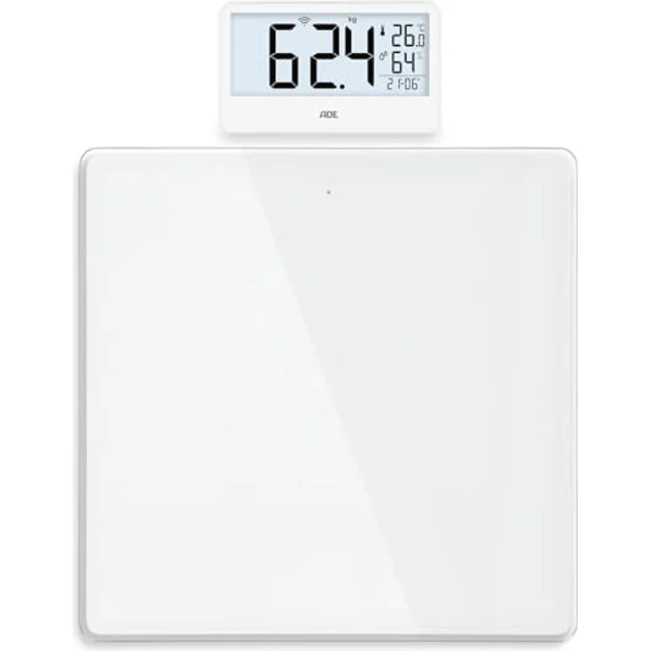 ADE Digitale Personenwaage Ronja, Funk-Display bis 180 kg, ablesbar auf Augenhöhe, mit Baduhr, Hygrometer und Innenthermometer, weiß – Bild 1