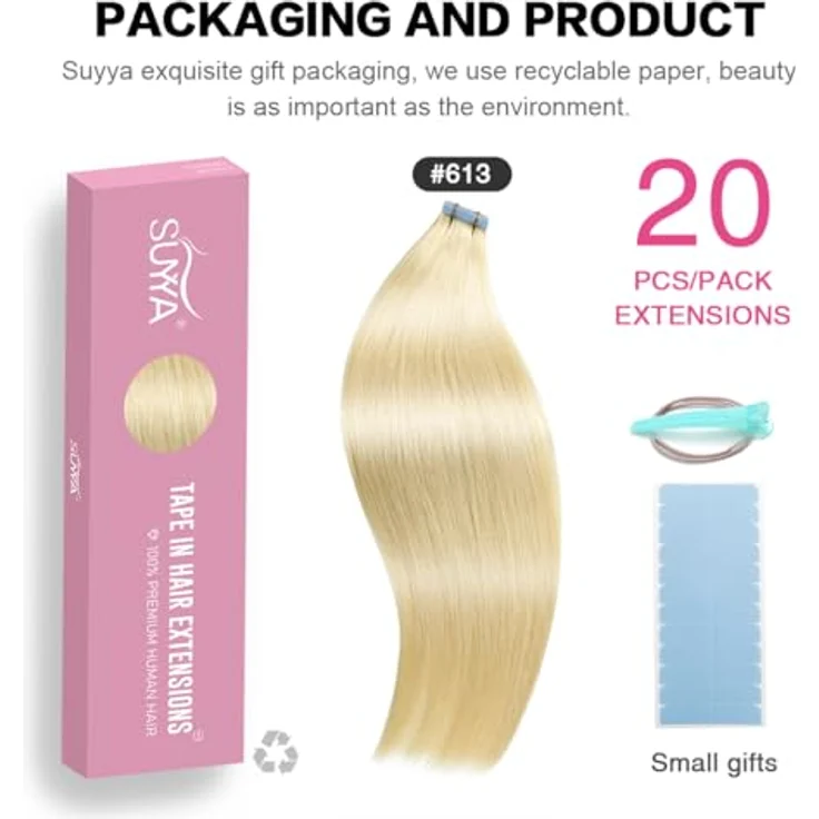 SUYYA Tape Extensions Echthaar, Invisible Tape-in Extensions, seidig gerade, 18 Zoll (45 cm), 20 Stück, 50g, #613 Bleichblond, Remy menschliches Haar – Bild 2