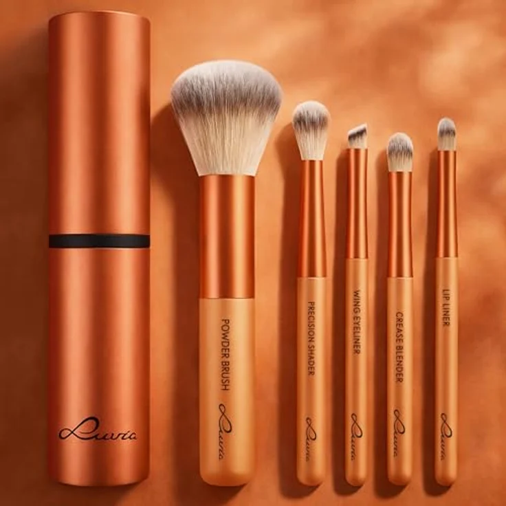 Luvia Travel Set Sunset Crush, Pinselset in warmen Orangetönen mit 5 Pinsel für Teint, Augen und Lippen, inklusive Aluminium-Köcher und Smart Holder – Bild 2
