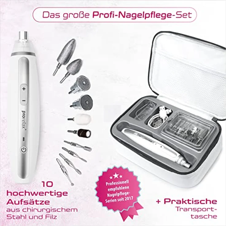 prorelax Maniküre- / Pediküre-Set | Damen/Herren | Professionelles Hand- und Fußpflege-Set mit Akku für Zuhause und unterwegs | 10 hochwertige Aufsätze aus chirurgischem Stahl | Mit LED-Licht – Bild 4