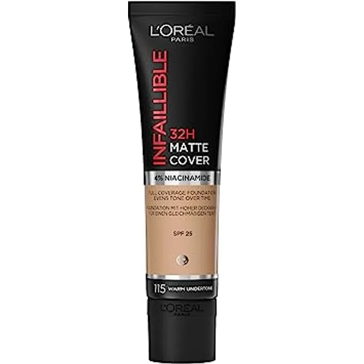 L'Oréal Paris Make up, Wasserfest und langanhaltend, Mattierende, flüssige Foundation mit hoher Deckkraft, Formel mit 4% Niacinamiden, Infaillible 32H Matte Cover, Nr. 115 Warm, 1 x 30 ml