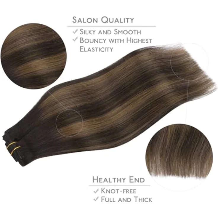 WENNALIFE Clip in Extensions Echthaar 35cm 120g 7pcs Balayage Dunkel Braun to Chestnut Braun Remy Haarverlängerung – Bild 4