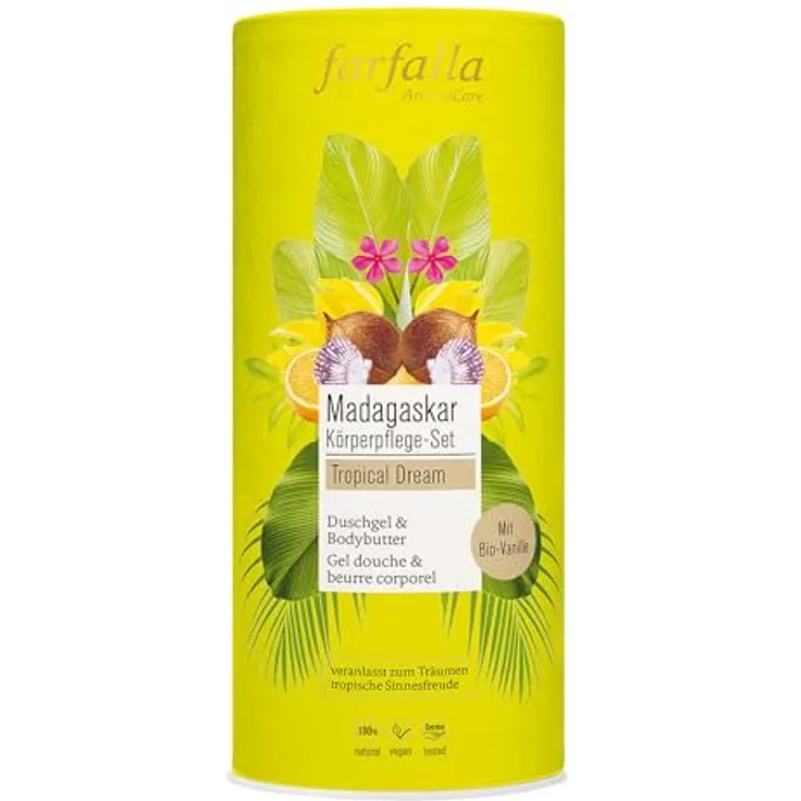 farfalla Tropical Dream Madagaskar Körperpflege-Set, Duschgel 200ml & Bodybutter 100ml mit Kokos, Vanille und Frangipani, vegan