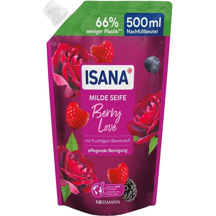 ISANA Flüssigseife Berry Love, milde Handseife mit Himbeere/Brombeere/Vanille, 500 ml Nachfüllbeutel, pH-hautneutral, dermatologisch getestet