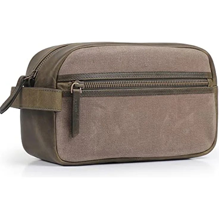 Londo Echtleder Reisetasche, Kulturtasche, Kosmetiktasche, Waschtasche - Unisex (Olive)