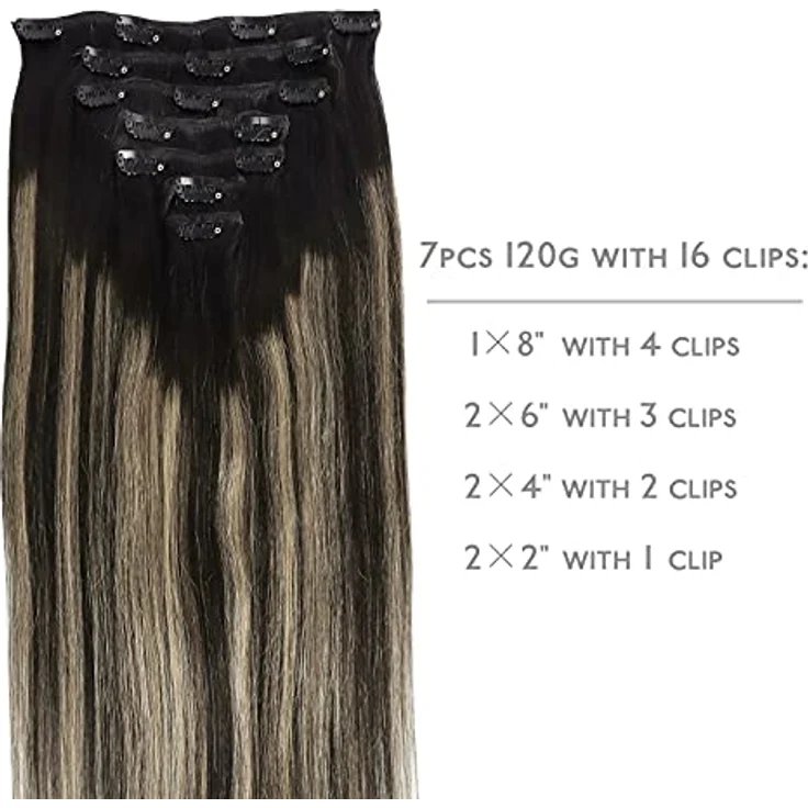 WENNALIFE Clip in Extensions Echthaar, 55cm 22 Zoll, 120g, 7pcs, Balayage Schwarz bis Hellblond, Remy Haarverlängerung – Bild 2