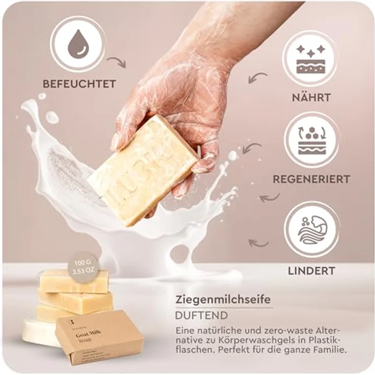 lubiu Ziegenmilchseife, 100g Handgemachte Naturseife für Gesicht, Körper und Hände, feuchtigkeitsspendend, ideal für empfindliche Haut – Bild 3