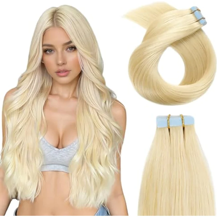 YILITE Tape Extensions Echthaar 35cm #613 Bleichblond, 20 Stück/Packung, 40g, unsichtbare, seidig gerade Haarverlängerungen – Bild 1