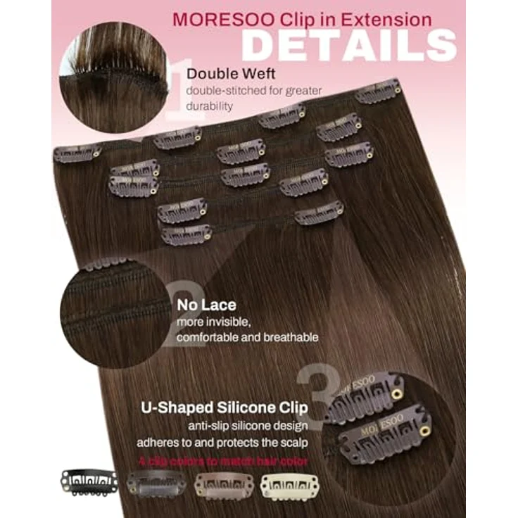 Moresoo Clip in Extensions Echthaar Dunkelbraun, Glattes 30 cm, 5 Stück, 80g – Bild 4