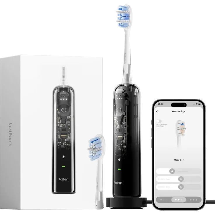 Laifen Wave Pro Elektrische Schallzahnbürste, App-gesteuert mit Drucksensor, 70 Tage Akku, kabelloses Laden & intelligenter Reinigungstechnologie, transparent