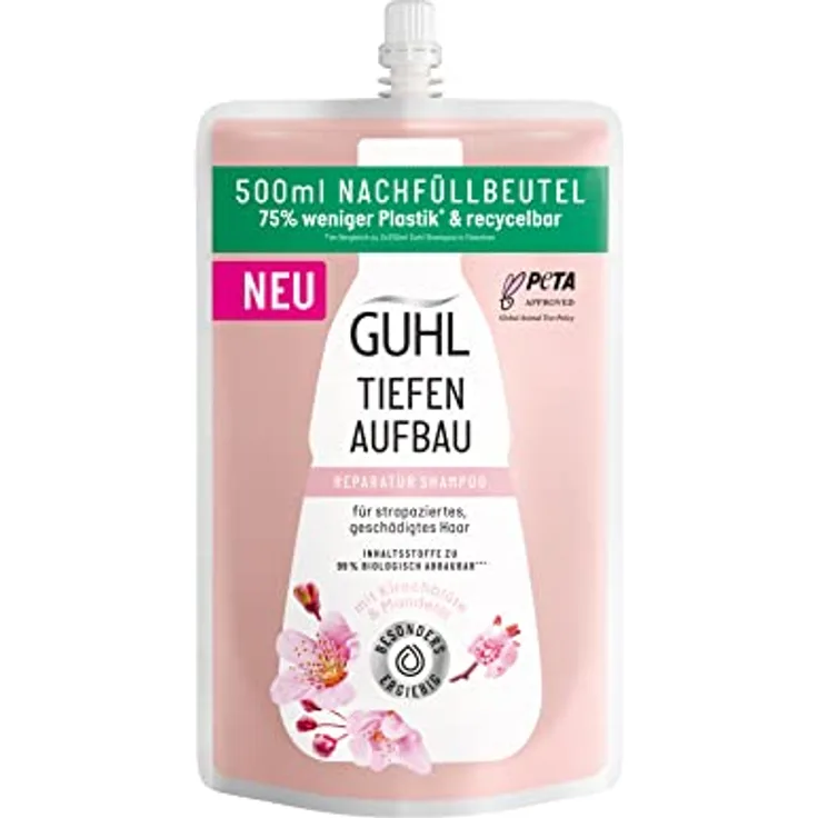 Guhl Tiefenaufbau Nachfüllbeutel 500 ml - Shampoo - Repariert die Haarstruktur - Haartyp: strapaziert, reparaturbedürftig - Ausreichend zum Nachfüllen von 2 Guhl Flaschen