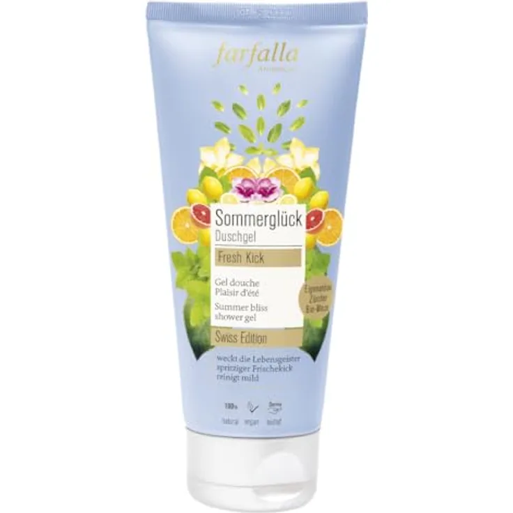 farfalla Sommerglück Duschgel 200ml - Hautfreundliche Pflegedusche mit Schweizer Pfefferminze - Vegan - NaTrue Zertifiziert - 100% zertifizierte Naturkosmetik