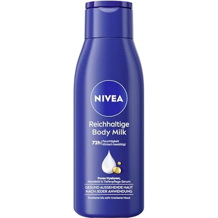 NIVEA Reichhaltige Body Milk Mini, intensiv pflegende Körpercreme mit Mandelöl und Hyaluron, 72h Feuchtigkeit, 75 ml
