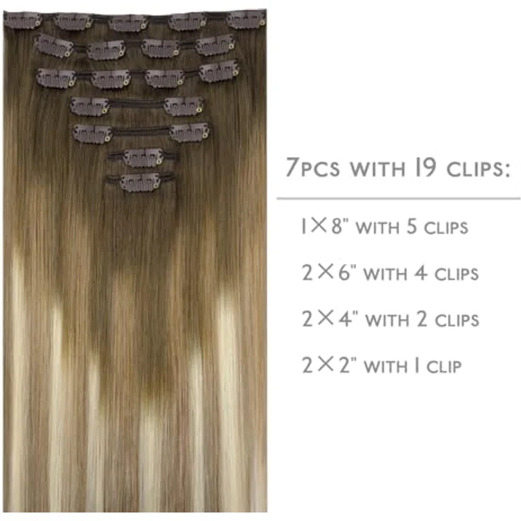 WENNALIFE Clip in Extensions Echthaar, 45cm, 120g, 7pcs, Ombré Walnuss Braun bis Ash Braun und Bleach Blonde, Remy Haarverlängerung – Bild 2