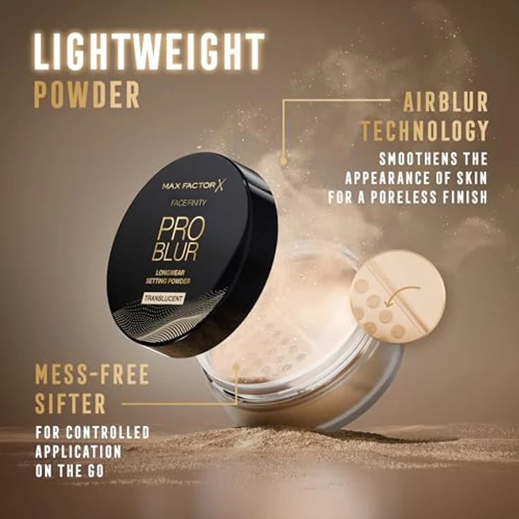 Max Factor Facefinity Pro Blur Fixierpuder, Translucent Farbton 001, für Glanzkontrolle und mattes Finish, leichtes Gesichtspuder, 10,5 g – Bild 4