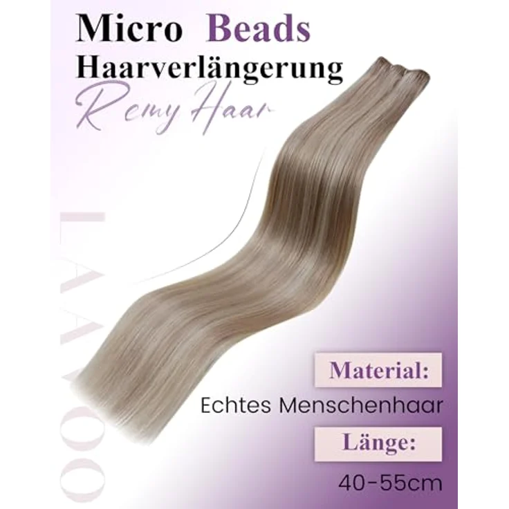 LaaVoo Microbeads Extensions Echthaar, 55cm, Unsichtbare Micro Weft Extensions, #18/613 Aschblond Highlights, Wiederverwendbar und Kleberfrei – Bild 5