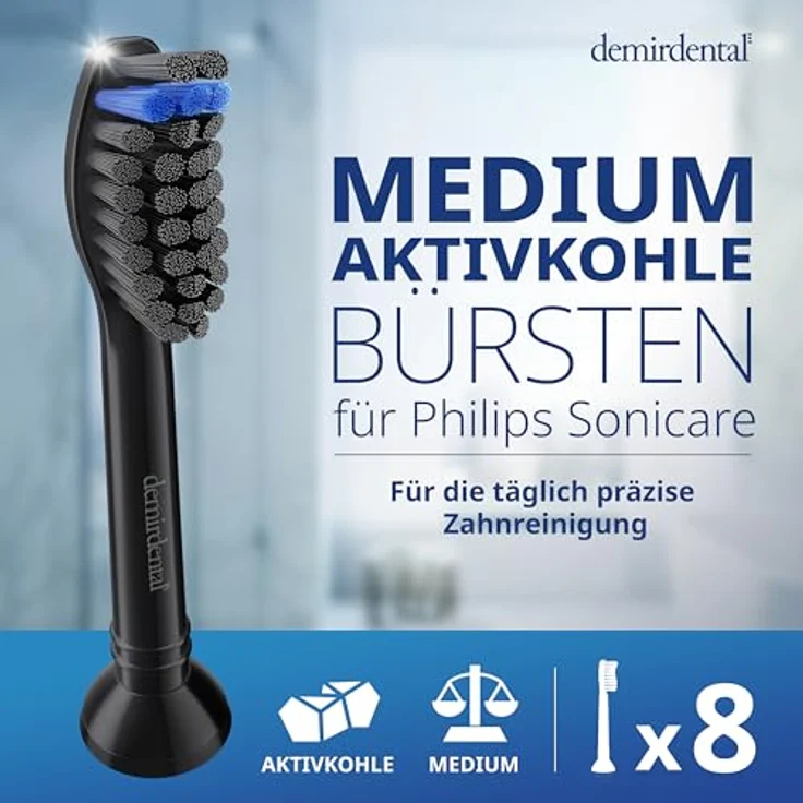 Demirdental 8er-Pack Aufsätze für Philips Sonicare Zahnbürstenaufsatz mit Aktivkohle, Medium Härte, Schwarz, HX9058mb – Bild 3