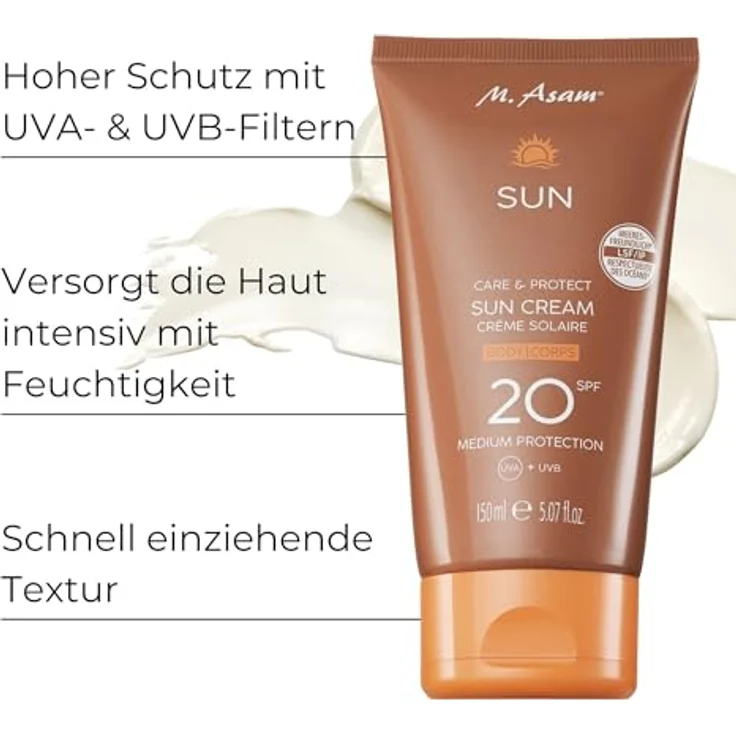 M. Asam SUN Care & Protect Körper Sonnencreme LSF 20, 150 ml, sofortiger Schutz vor UVA- & UVB-Strahlung, pflegt mit Sheabutter & Vitamin E, wasserfest, nicht klebend, vegan – Bild 2