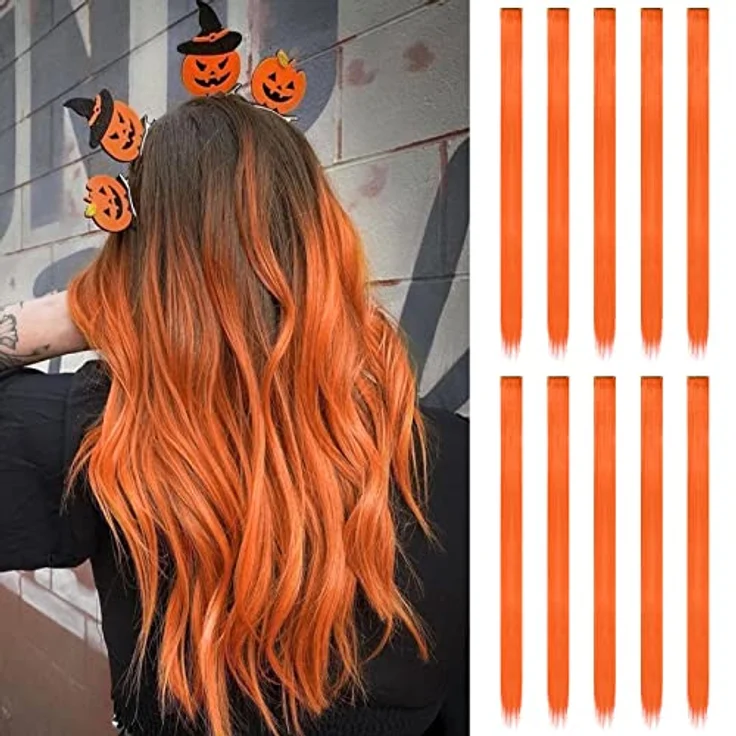 FESHFEN Farbige Haarverlängerung, 10 PCS Orange Clip-in Haarteil aus Synthetik, 55 cm, hitzebeständig und leicht zu befestigen – Bild 1