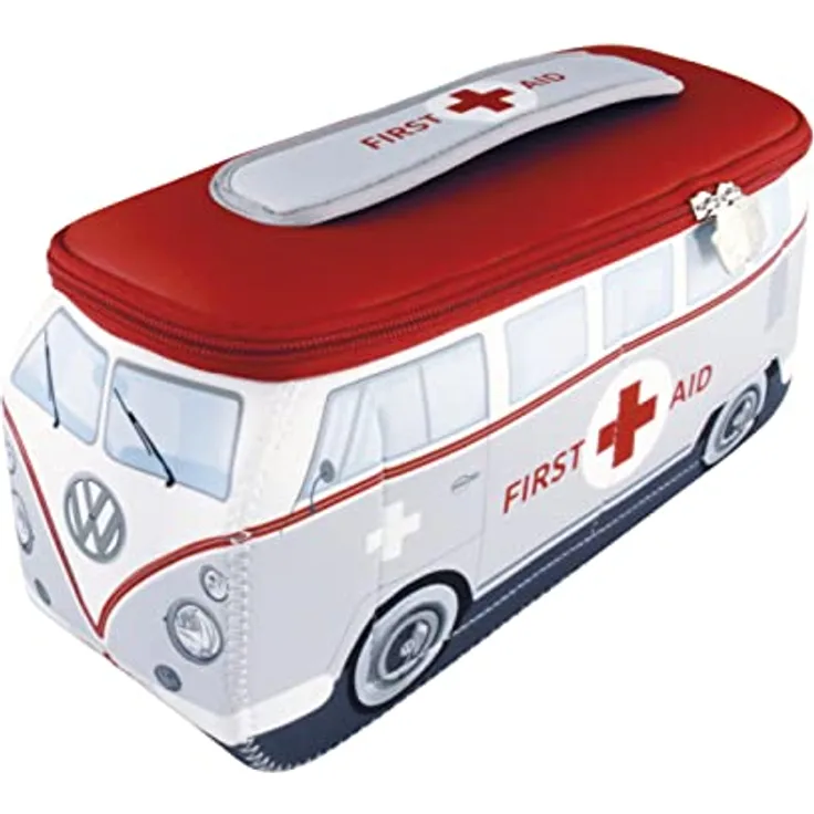 BRISA VW Collection - Volkswagen Neopren Universal-Schmink-Kosmetik-Kultur-Reise-Apotheke-Tasche-Beutel im T1 Bulli Bus Design (First Aid/Grau/Groß)